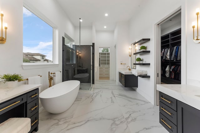 bathroom featuring vanity and independent shower and bath