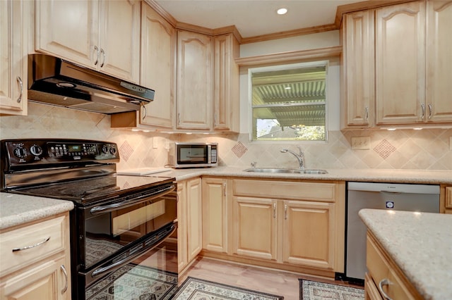 kitchen featuring backsplash, ornamental molding, stainless steel appliances, sink, and light brown cabinets