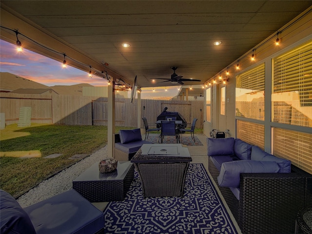 view of patio with ceiling fan and outdoor lounge area