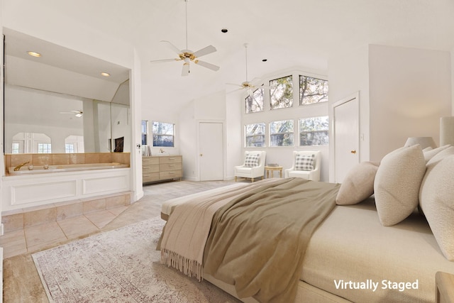 bedroom with high vaulted ceiling and ceiling fan