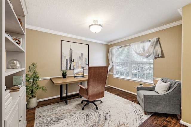 office with dark hardwood / wood-style floors and crown molding