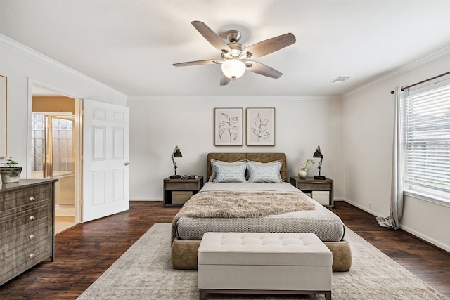 bedroom with dark hardwood / wood-style flooring, ensuite bath, ceiling fan, and ornamental molding