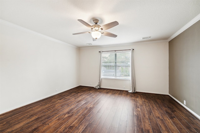 unfurnished room featuring crown molding, ceiling fan, and dark hardwood / wood-style floors