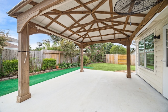 view of patio / terrace featuring a gazebo and ceiling fan