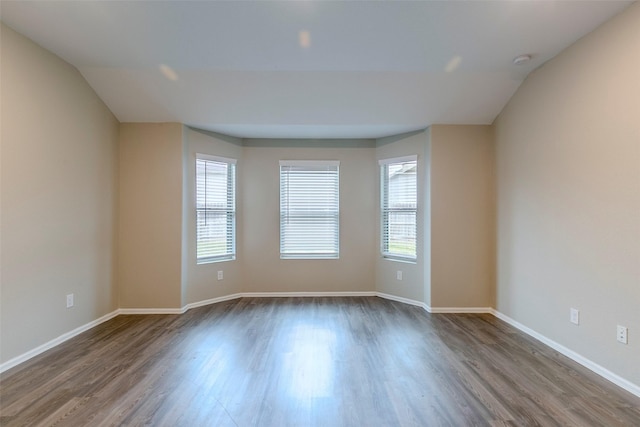 unfurnished room with lofted ceiling and hardwood / wood-style flooring