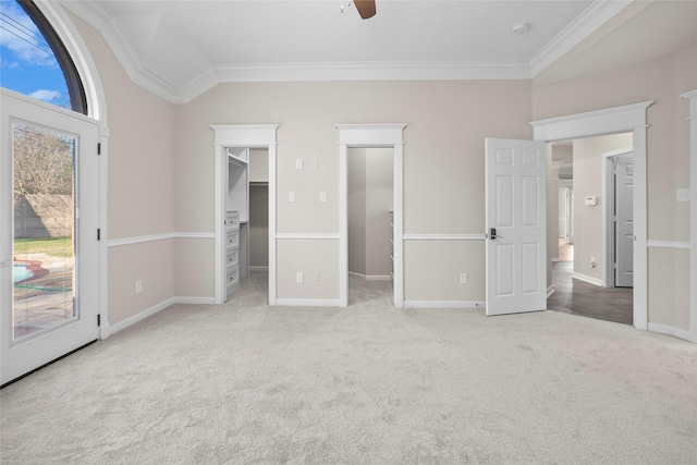 unfurnished bedroom featuring access to exterior, a walk in closet, ceiling fan, and ornamental molding