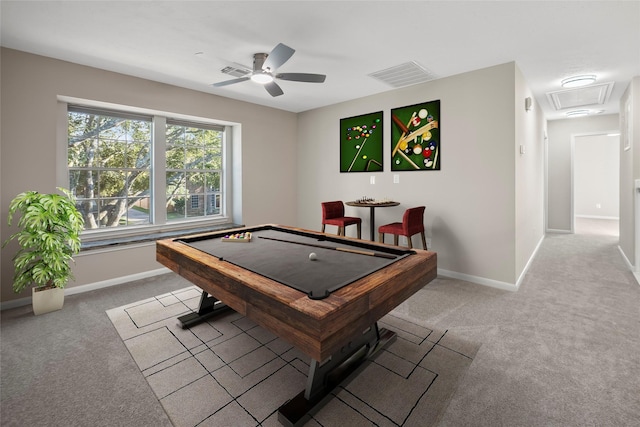 recreation room with ceiling fan, light colored carpet, and pool table