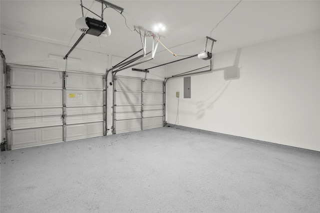 garage with electric panel and a garage door opener