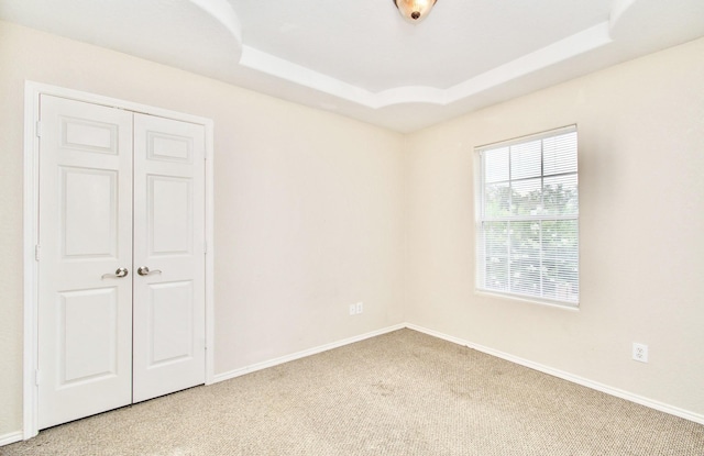 spare room with carpet floors and a tray ceiling