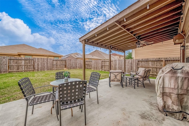 view of patio featuring an outdoor hangout area and a grill