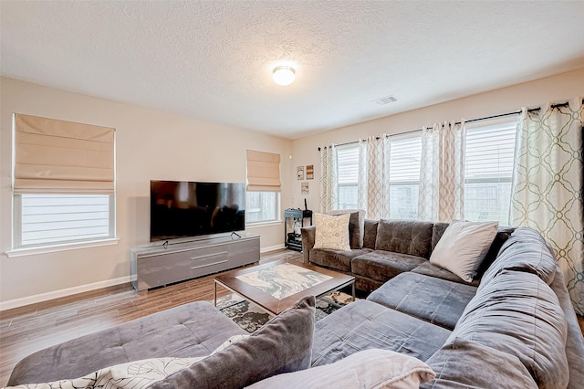 living room with a textured ceiling and light wood-type flooring