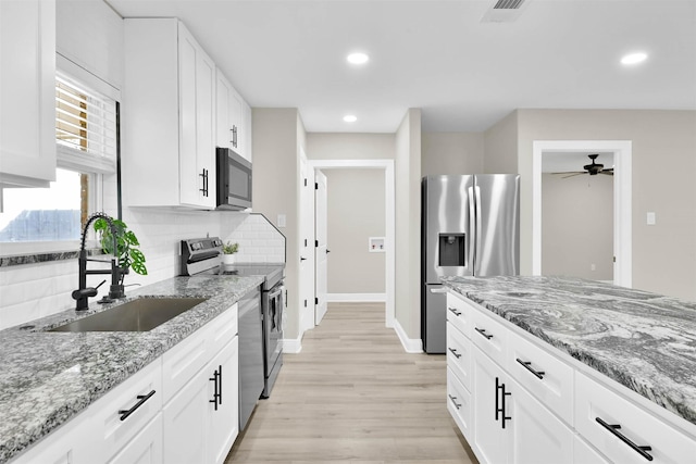 kitchen featuring tasteful backsplash, light stone counters, stainless steel appliances, sink, and white cabinetry