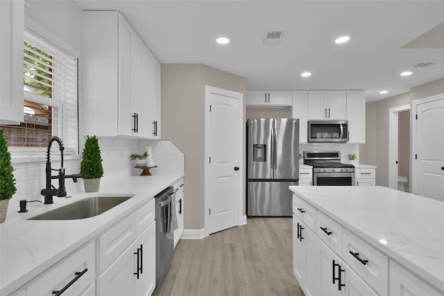 kitchen with white cabinetry, sink, tasteful backsplash, light stone counters, and appliances with stainless steel finishes