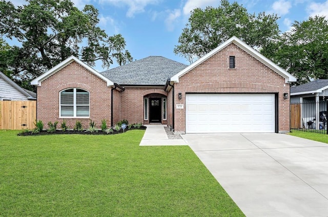 view of front of property featuring a garage and a front yard