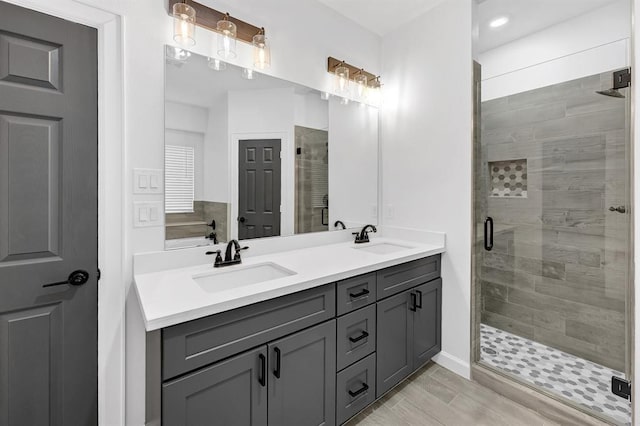 bathroom with vanity and a shower with shower door