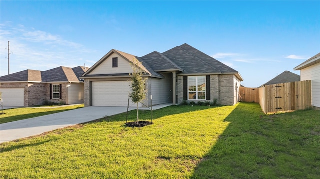 ranch-style home with a front lawn and a garage