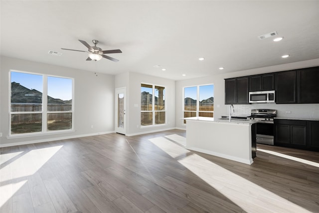 kitchen featuring light hardwood / wood-style flooring, an island with sink, decorative backsplash, appliances with stainless steel finishes, and ceiling fan