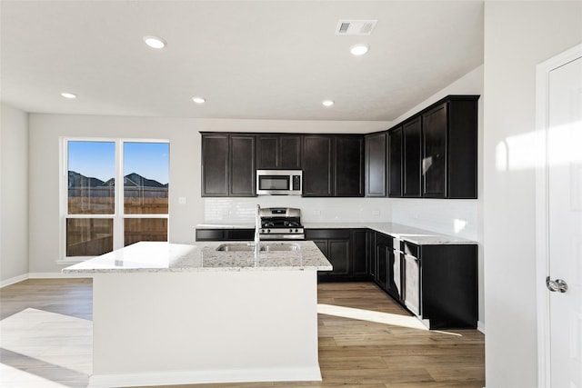 kitchen featuring stainless steel appliances, a kitchen island with sink, light stone countertops, and sink