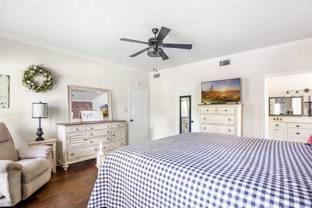 bedroom with ceiling fan, dark hardwood / wood-style flooring, connected bathroom, and ornamental molding