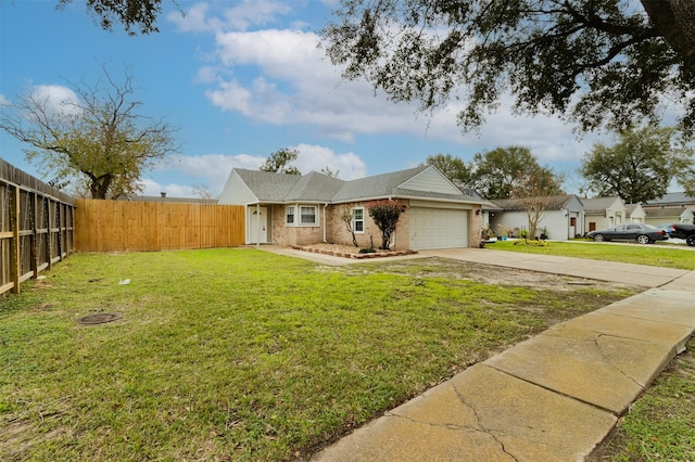 ranch-style house with a garage and a front lawn