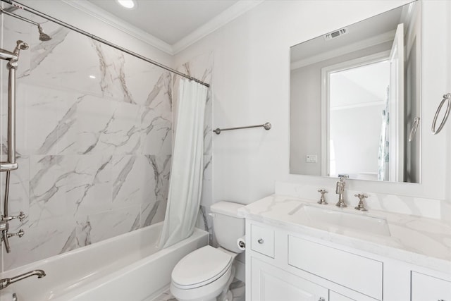 full bathroom featuring shower / bath combination with curtain, vanity, toilet, and crown molding