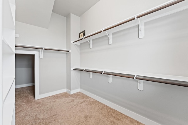 walk in closet with light carpet