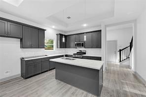 kitchen featuring appliances with stainless steel finishes, light wood-type flooring, a raised ceiling, and a kitchen island