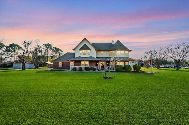 view of front of house with a lawn, covered porch, and a carport