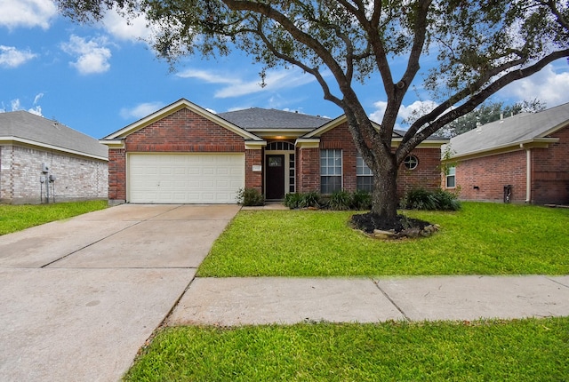 single story home with a front yard and a garage