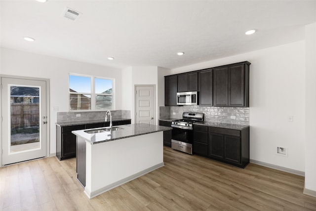 kitchen with sink, a center island with sink, light hardwood / wood-style flooring, and appliances with stainless steel finishes