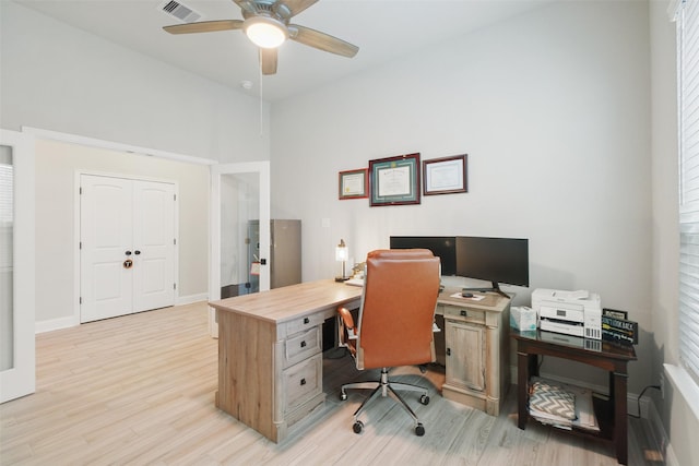 home office featuring ceiling fan, a healthy amount of sunlight, and light wood-type flooring