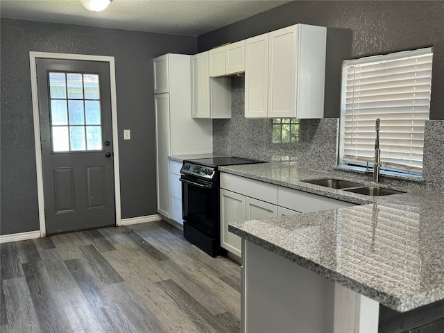 kitchen with white cabinetry, electric range, sink, and light stone counters