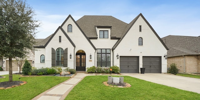 view of front of house featuring a garage and a front lawn