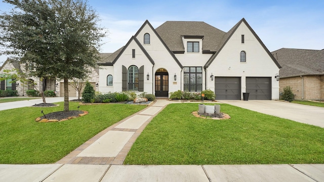 view of front of home featuring a front yard and a garage