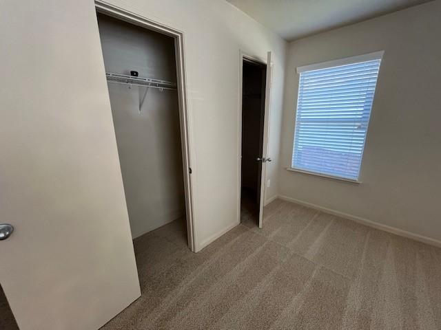 unfurnished bedroom with light colored carpet and a closet