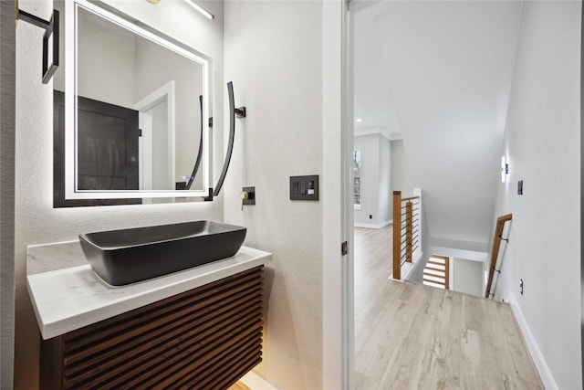 bathroom with hardwood / wood-style flooring and vanity