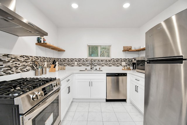 kitchen with decorative backsplash, appliances with stainless steel finishes, extractor fan, sink, and white cabinets