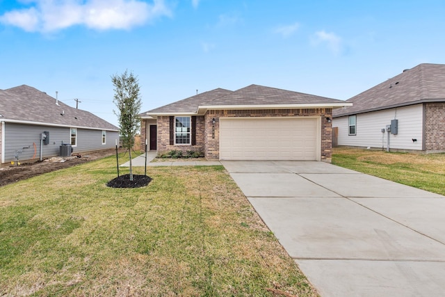 ranch-style home featuring central AC, a front yard, and a garage