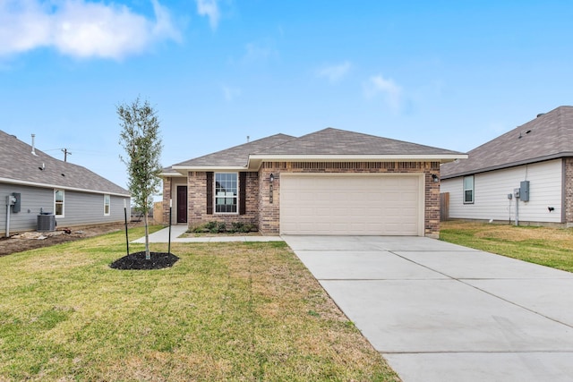 single story home featuring cooling unit, a front lawn, and a garage