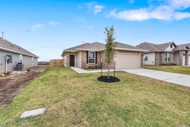 single story home with central air condition unit, a front lawn, and a garage