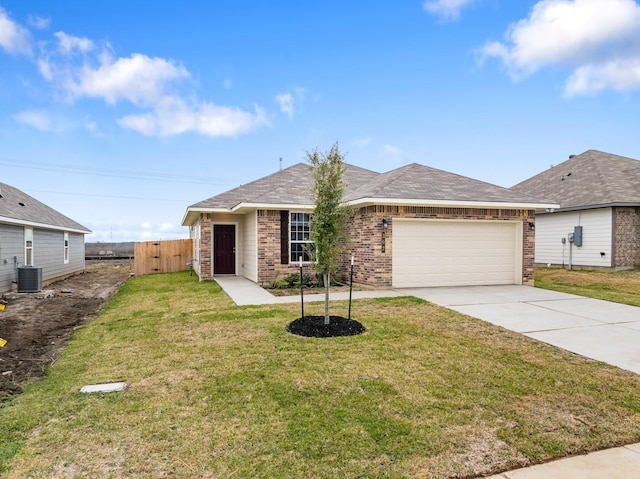 single story home with a front yard, a garage, and cooling unit