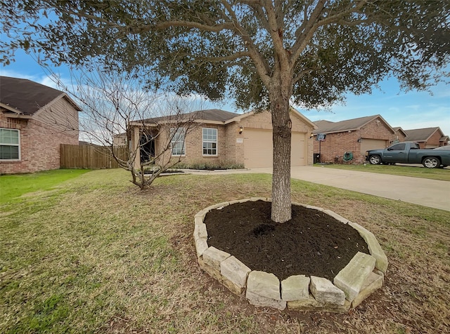 single story home with a front yard and a garage