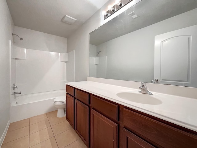 full bathroom featuring tile patterned flooring, vanity,  shower combination, and toilet