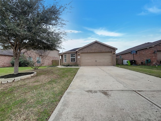 single story home with a front yard and a garage