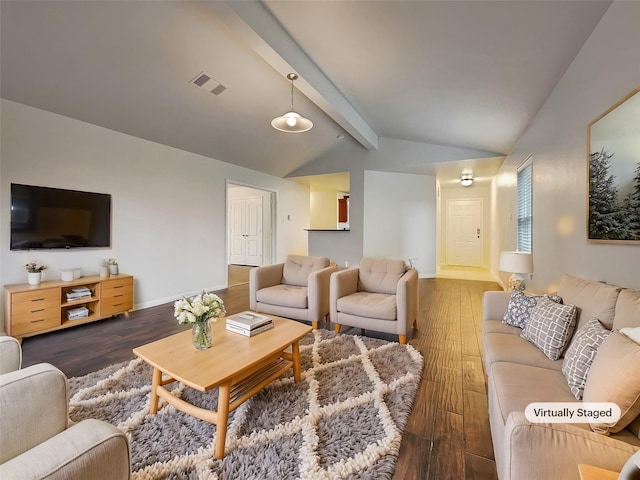 living room with vaulted ceiling with beams and dark wood-type flooring