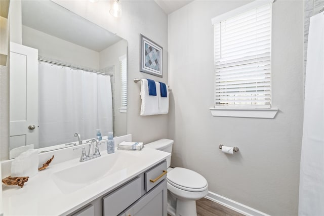 bathroom featuring hardwood / wood-style floors, vanity, and toilet