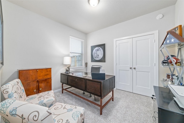 home office with light colored carpet