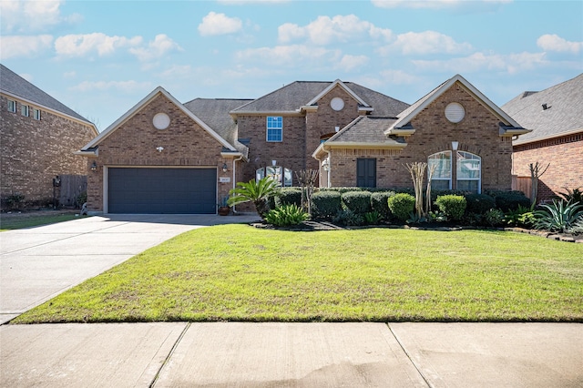 view of property featuring a garage and a front lawn