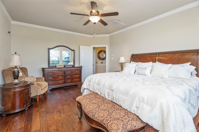 bedroom with ceiling fan, dark hardwood / wood-style flooring, and crown molding