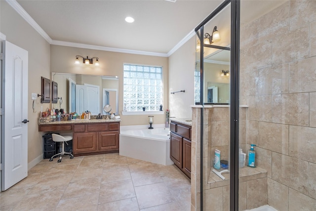 bathroom featuring shower with separate bathtub, vanity, tile patterned floors, and crown molding